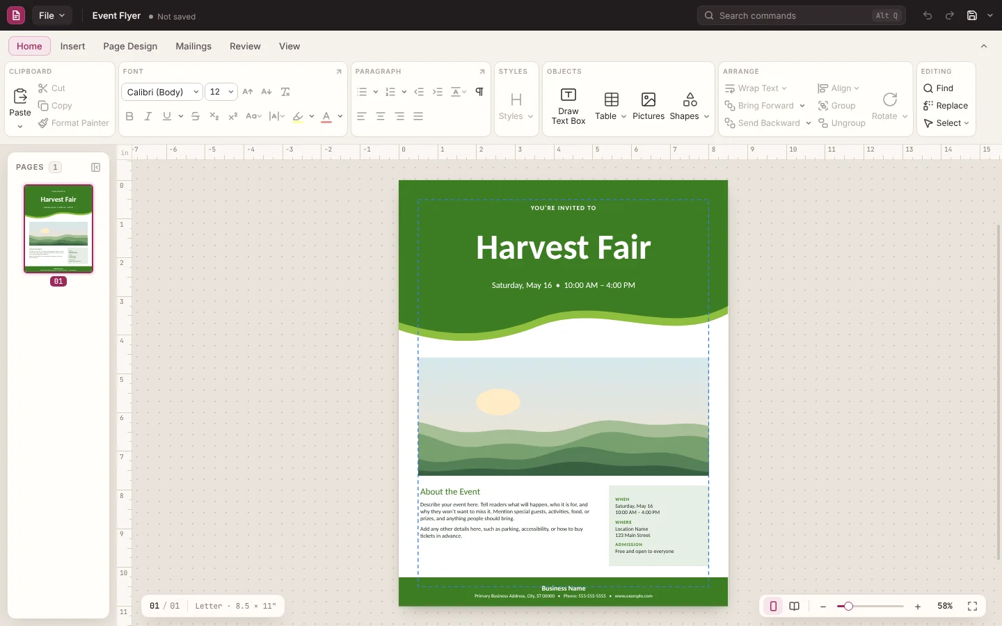 An event flyer with a picture, made from a template