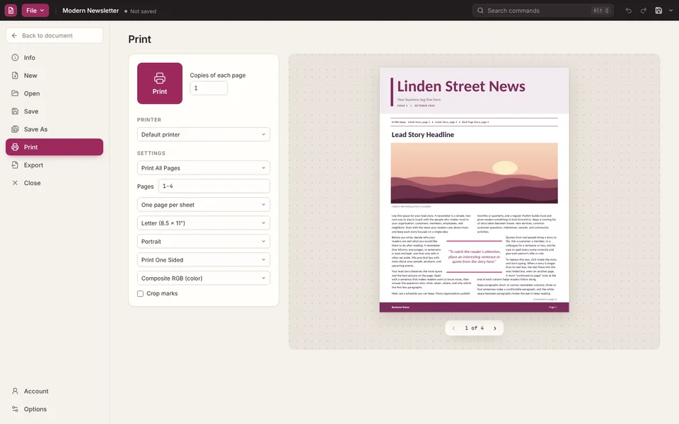 File > Print with a preview of a newsletter